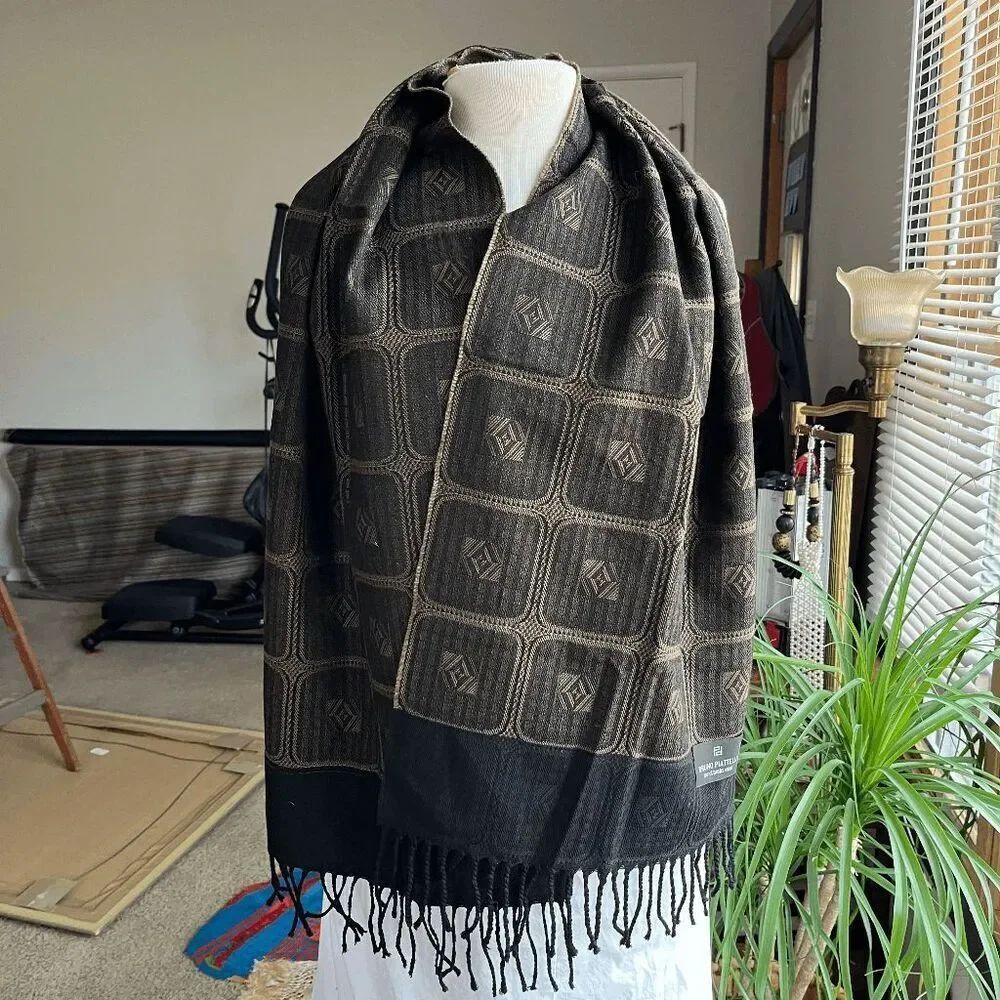 VTG Bruno Piattelli Lambswool Scarf Brown Jacquard Geometric Fringe Italy
